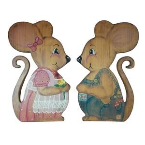 Spring Country Mice Wooden Wall Hangers Hand Painted Signed by Artist 10.5"